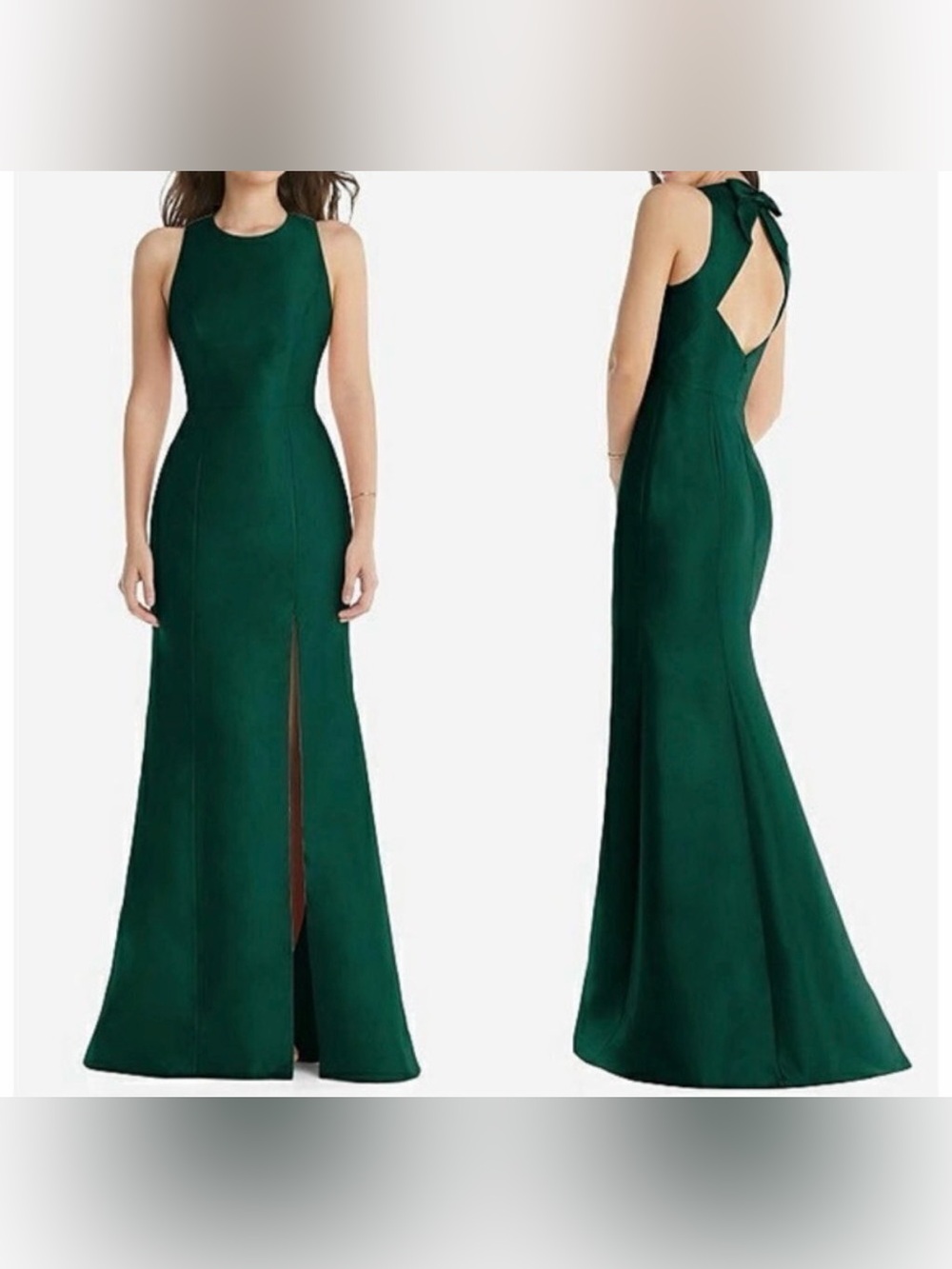 Alfred Sung Jewel Neck Bowed Open Back Trumpet Dress with slit - Hunter Green